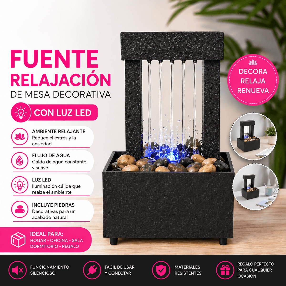 Fuente de Relajación de Mesa Decorativa con Luz LED