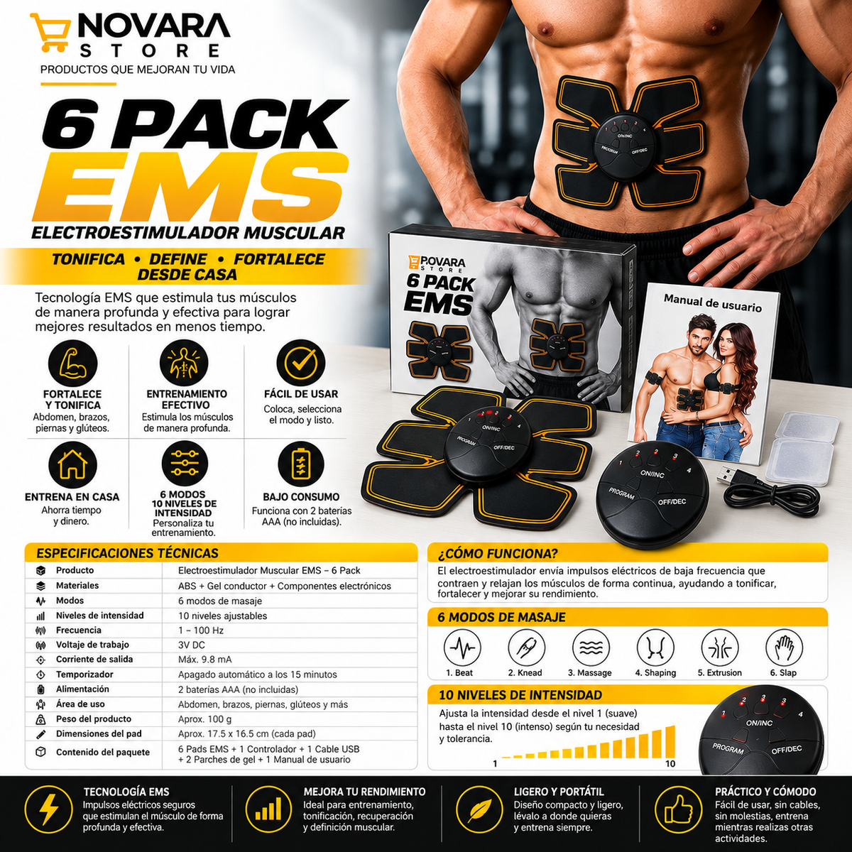 6 PACK EMS – Electroestimulador Muscular